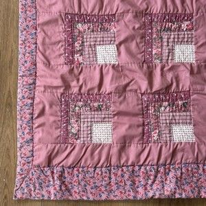 VTG Quilt Baby Blanket Crib Pink Flowers Plaid Farmhouse Country Cottage Squares